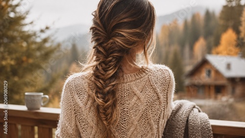 Back view of a woman with a thick textured messy fishtail braid wearing a cozy sweater