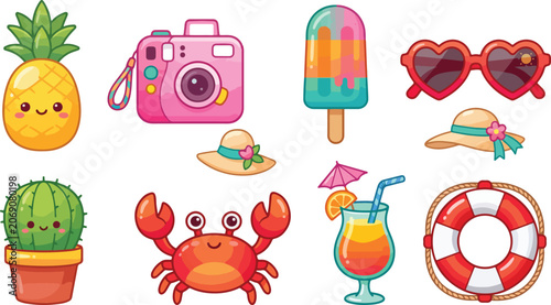 Cute summer vacation icons set kawaii beach travel elements collection cartoon vector illustration .