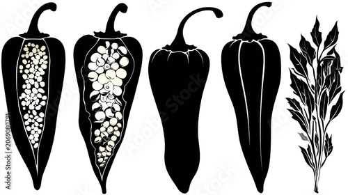 A collection of stylized illustrations depicts different views of a long, tapered fruiting vegetable and its corresponding foliage.