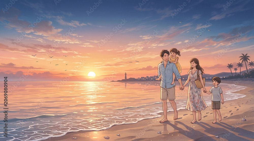 Fototapeta premium 夕暮れの海辺を散歩する家族