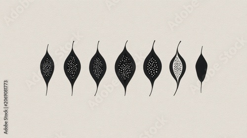 Sequence of stylized botanical seed pods illustrates a gradual opening or maturation process