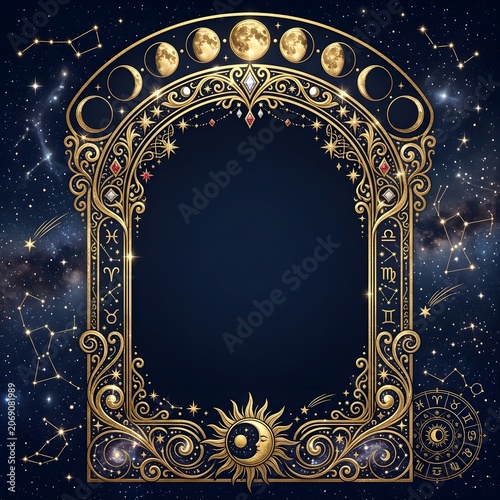 Luxury celestial golden arch frame featuring moon phases, sun, zodiac symbols, constellations, and starry galaxy background for mystical tarot designs.
