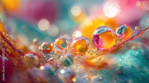 Multiple iridescent liquid spheres cling to a delicate surface against a vibrant bokeh background.