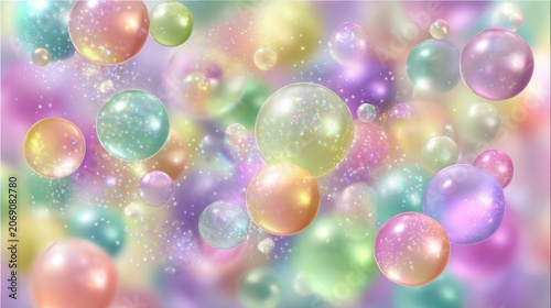 Numerous iridescent spheres float amidst soft pastel color gradients and sparkling highlights