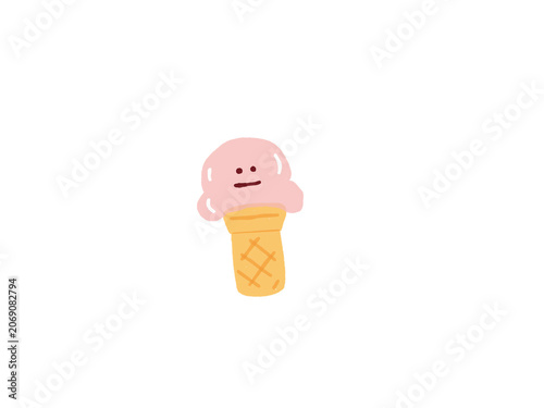 Cute soft serve ice cream cone character with smiling face, playful cartoon dessert illustration.