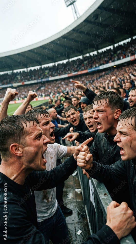 Fototapeta premium Football fans confronting each other across stadium barrier in rain. Concept of soccer journalism, conflict prevention, crowd safety training and supporter behavior research.