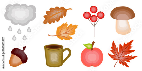 Autumn Icons Collection with Leaves Mushroom Apple Acorn Rain Cloud and Coffee Cup