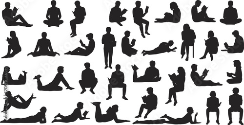 Fotografija Collection of people silhouettes reading books sitting lying various poses vecto
