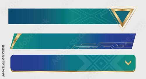 lower third banners in blue and teal gradients, elegant golden elements, lines, tech circuits, and triangles