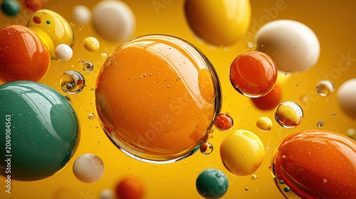 Spherical objects featuring varied colors float suspended in a vibrant yellow fluid medium.