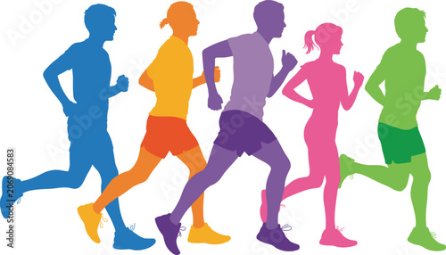 Φωτογραφία Colorful running silhouettes mid stride teamwork diversity fitness activity illu