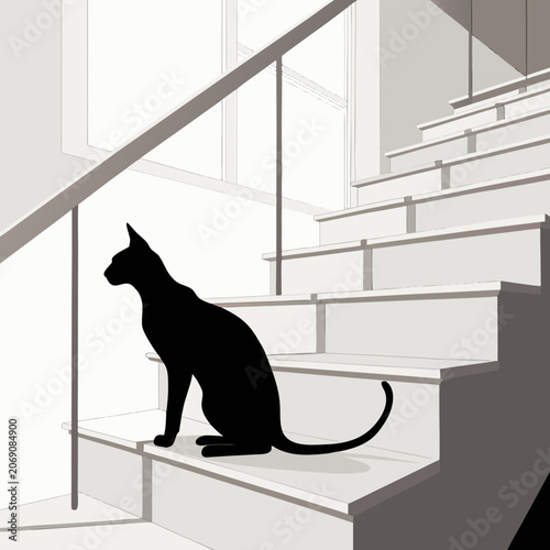 oriental shorthair cat silhouette sitting on modern stairs vector background