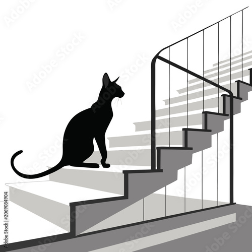 oriental shorthair cat silhouette sitting on modern stairs vector background