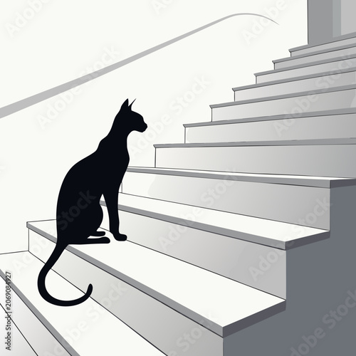 oriental shorthair cat silhouette sitting on modern stairs vector background