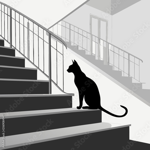 oriental shorthair cat silhouette sitting on modern stairs vector background