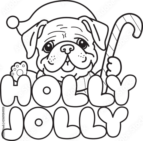 Coloring pages of Cute funny Bulldog sticker icon. Outline of Bulldog with christmas theme