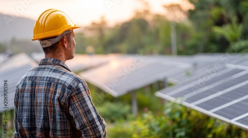 Obraz na płótnie engineer installing solar panels in the jungle