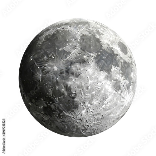 Full Moon Isolated on White Background with Craters and Details.