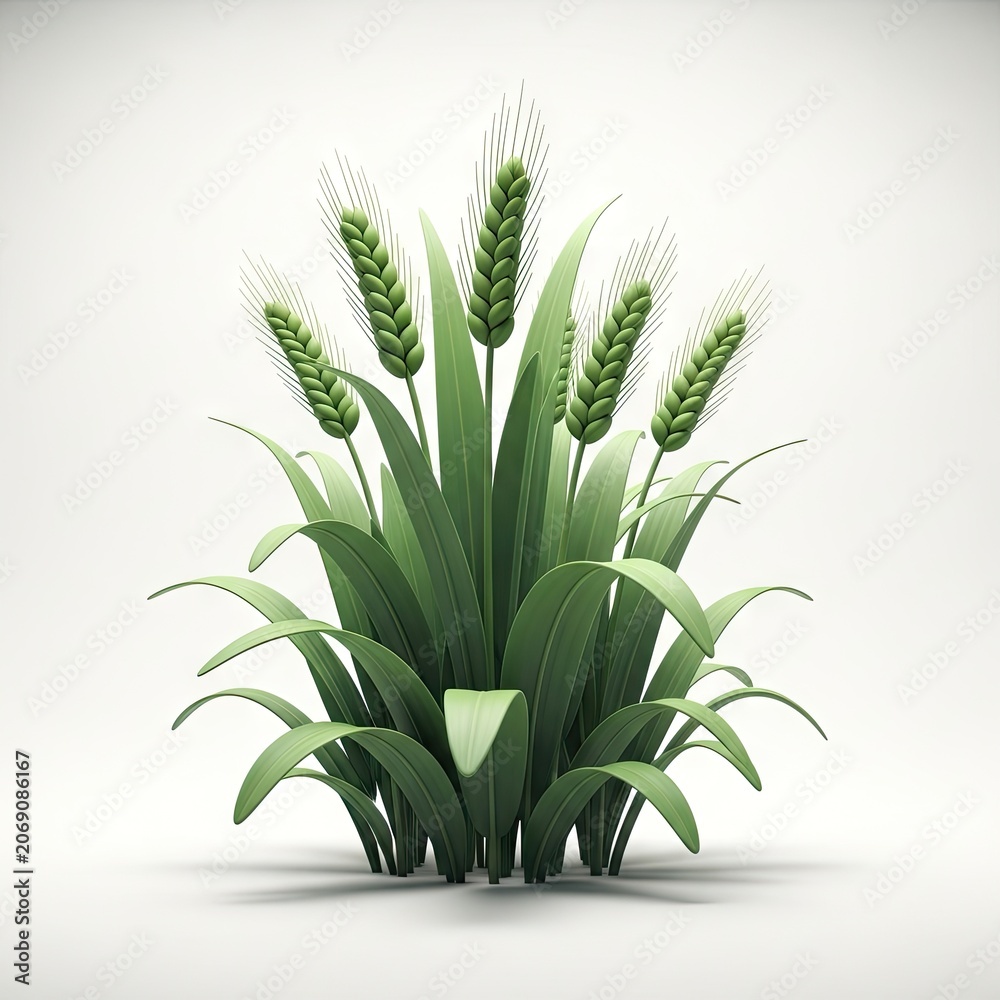 Fototapeta premium Lush Green Wheat Stalks with Grains on White Background.