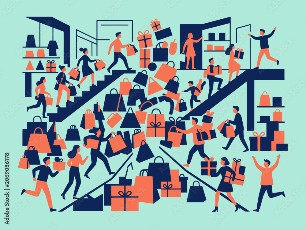 Obraz premium People rush through a store with many shopping bags and gifts