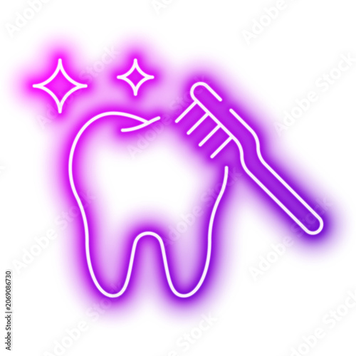 Toothbrush Cleaning Dental Tooth Surface Carefully. Neon glowing effect icon