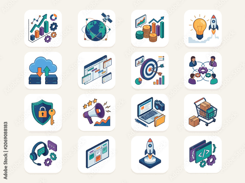 Fototapeta premium Isometric Business and Technology Icon Set for SaaS and Marketing Applications