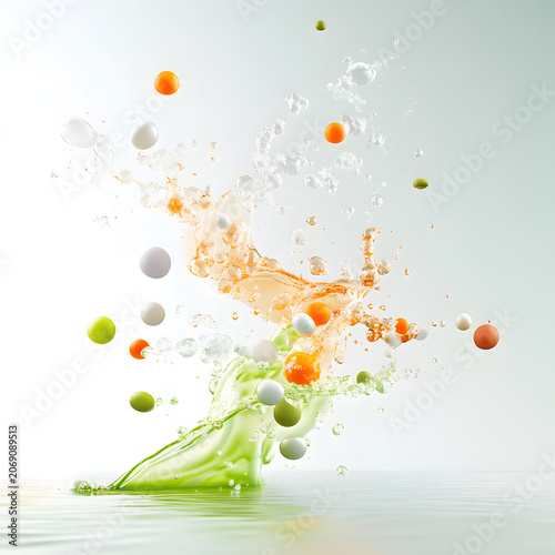 Colorful Liquid Splash with Floating Spheres, Abstract Water Explosion with Vibrant Colors