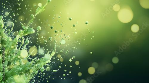 Abstract Green Spheres and Splashes with Bokeh Lights Background, Science Concept