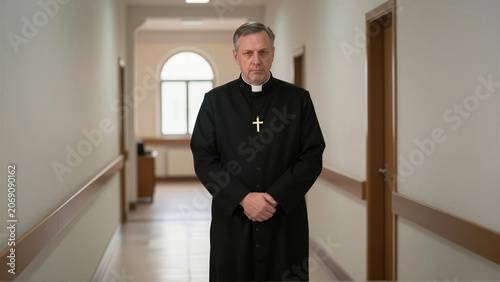Solemn middle-aged Catholic priest in a black cassock standing in a hallway. He wears a clerical collar and a gold cross while looking at the camera with a serious look