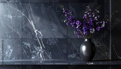 Elegant Purple Flowers Arranged in Matte Black Vase Against Dark Marble Wall