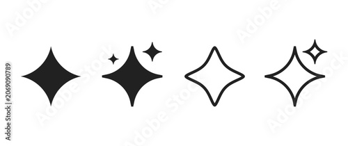 AI sparkle icons and symbols in filled and outline styles. Modern vector set representing artificial intelligence, automation, machine learning, innovation, digital assistants and smart technology.