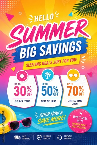 Vibrant summer sale banner with tropical discounts colorful shopping promotion and beach theme