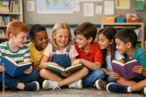 Diverse group of happy elementary school children reading books together during classroom learning time