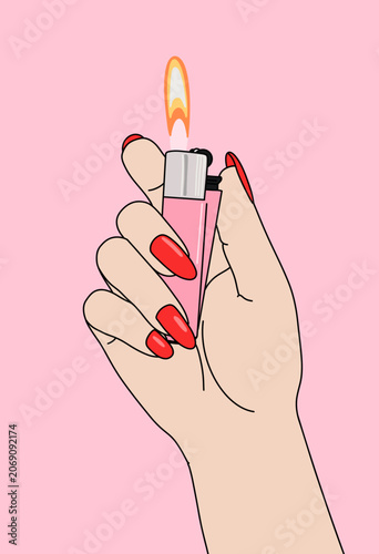 Vector Illustration of Female Hand Holding a Pink Lighter with Fire Flame isolated on Pink Background