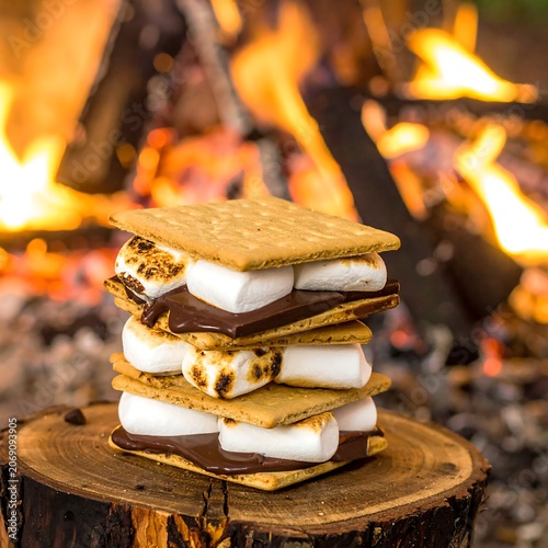 Gooey Toasted Smores Stack on Wooden Stump by Campfire Flames