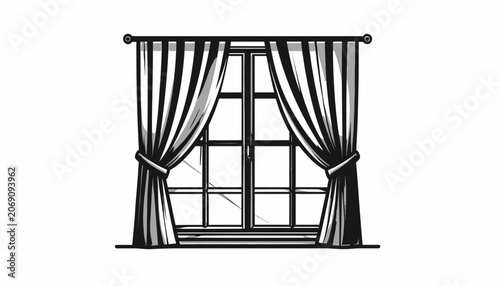 Curtains tied back on window.