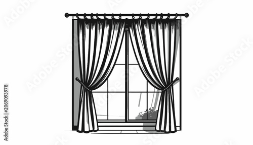 Curtains tied back on window.