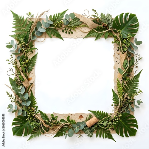 Natural eco friendly square frame with green monstera leaves, fern, and eucalyptus on a rustic craft paper border isolated on a white background.