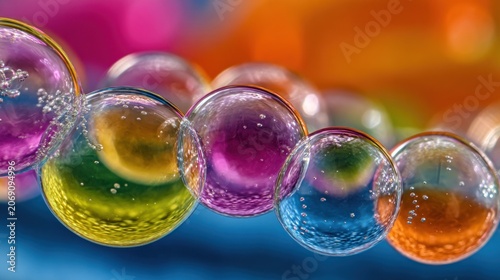 Spherical droplets display vibrant colors and internal effervescence in a close up view.