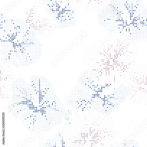 Abstract floral halftone pattern with blue and pink dots forming stylized flower shapes on a white background, creating a soft, artistic look