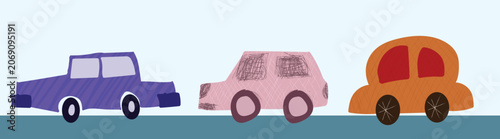 Cute childish hand-drawn illustration of three colorful toy cars.