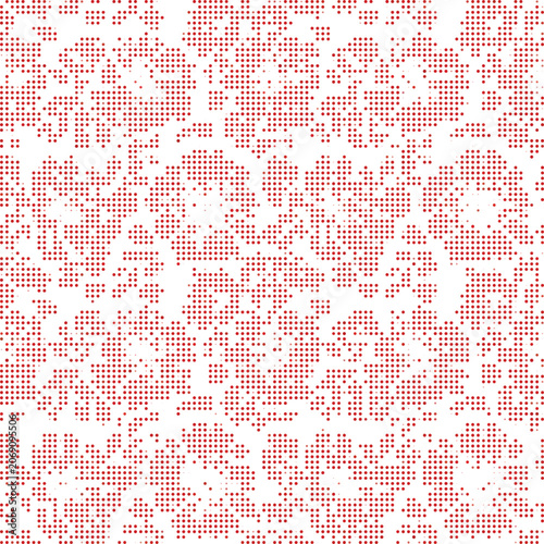 Abstract floral pattern featuring a repeating motif of roses created with small red dots on a clean halftone white background texture