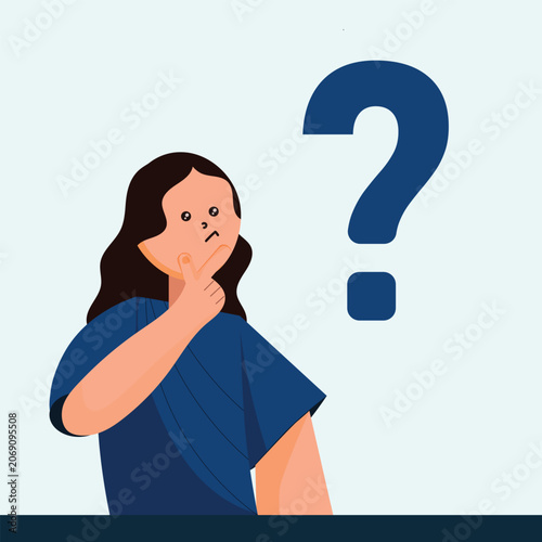 Flat vector illustration of a young woman thinking next to a large blue question mark.