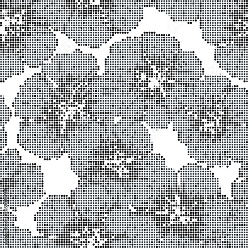 Abstract floral pattern created with a black halftone dot texture, featuring circular flower shapes on a solid white background, monochrome