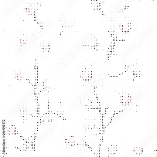 Abstract floral pattern of repeating rose motifs created with small dark purple dots on a clean halftone white background texture