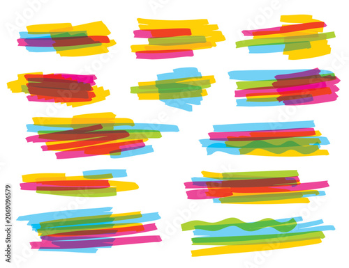 Colorful marker brush strokes set on light background, layered hand-drawn scribbles in bright tones, abstract highlight shapes for banners, labels, and modern creative design