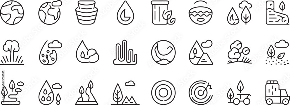 Fototapeta premium Eco Energy and Sustainability Icon Set with Globe, Leaf, Flame, Water, Battery, Recycling and Solar Symbols