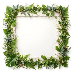 Natural square frame with climbing ivy vines, fresh monstera, oak leaves, and fern on a textured craft paper border isolated on a white background.