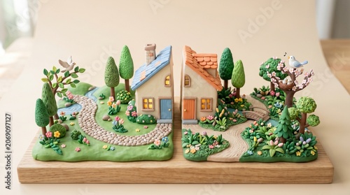 Divorce Concept Miniature Clay Art, Split Home Symbolizing Separation and New Life Paths