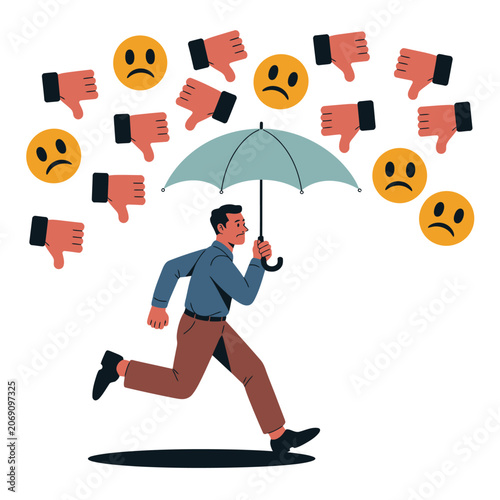 Man running with umbrella protected from social media dislikes, umbrella